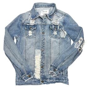 Liquor n Poker Destroyed Distressed Denim Jacket Blue Jean Coat Ripped Medium